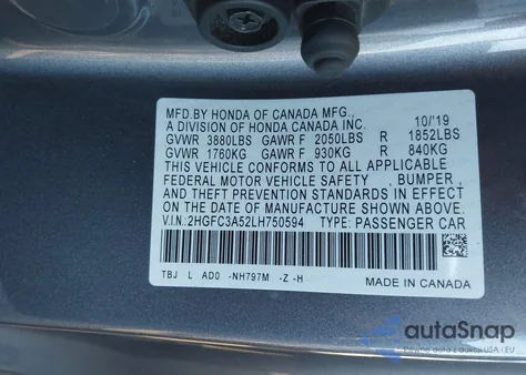 2020 Honda Civic Si Coupe z USA, uszkodzony, nr VIN 2HGFC3A52LH750594